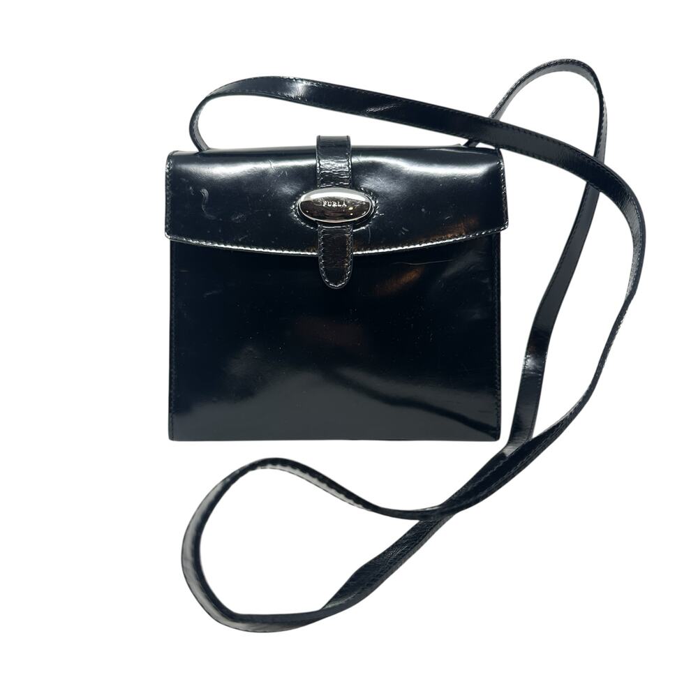Furla Vintage‎ Shoulder Bag Purse PVC Vinyl Silver Buckle Black